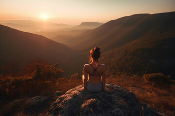 Yoga Practitioner on Scenic Mountaintop - Mindfulness Wellness Exercise Meditation Scenery Outdoor Fitness Nature Relaxation Generative Ai