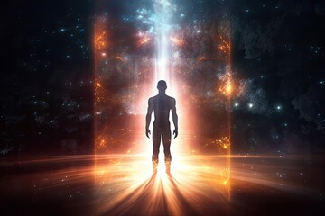Fototapeta premium Silhouette of human astral body concept image for near death experience, spirituality, and meditation - AI Generated