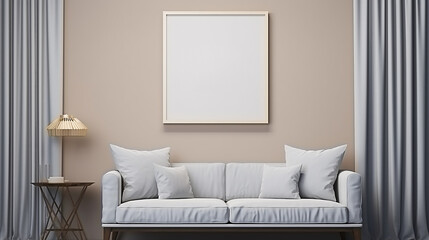 Moldura de pôster maquete na parede da sala de estar. Fundo de apartamento luxuoso com design contemporâneo. Design de interiores moderno