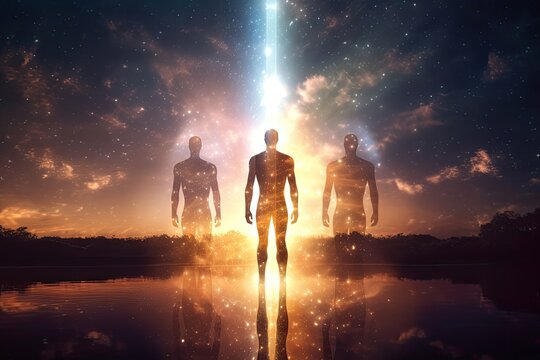 Three silhouettes of astral bodies, concept image for near death experience, spirituality, and meditation - AI Generated