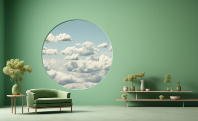 Fantasy interior of the room, hall with sofa, plants and large round window with sky and clouds