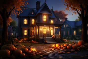 Halloween scary night party near old witch home with pumpkins and candles - 656102060