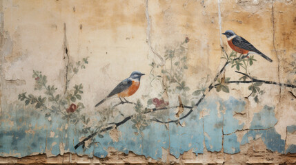 Ancient fresco of garden, damaged mural of birds on old plaster wall