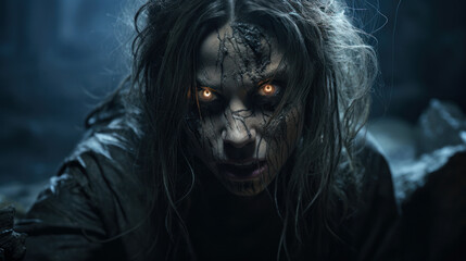 Scary woman face, creepy person with glowing eyes at Halloween night. Concept of dead, horror movie, fantasy.