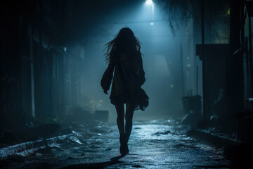 Girl walks away down dark alley alone, silhouette of woman at night - obrazy, fototapety, plakaty