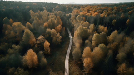 Fototapeta na wymiar Aerial view of a road through the green forest. Drone photography, top view