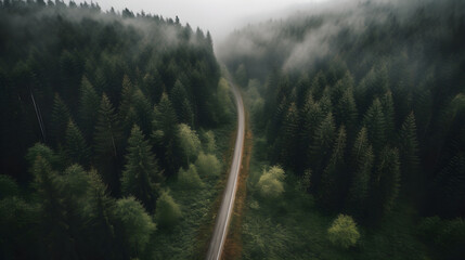 Aerial view of a road through the green forest. Drone photography, top view - obrazy, fototapety, plakaty