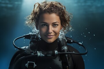 Pretty woman in diving suit diving instructor Generative Ai - obrazy, fototapety, plakaty