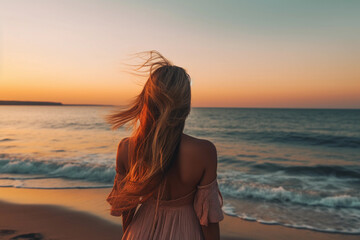 Fototapeta na wymiar Woman on beach looking at sunset with. Generative Ai