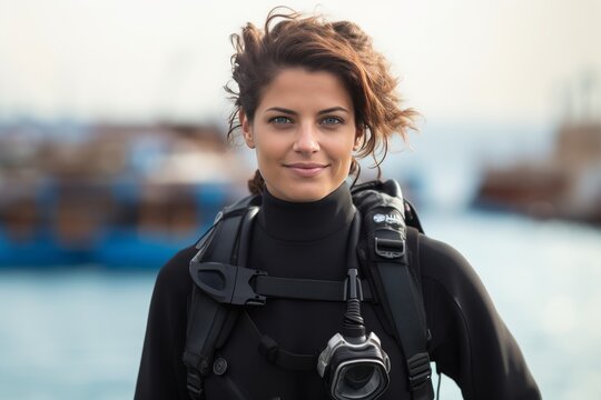 Pretty woman in diving suit diving instructor Generative Ai