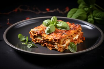 Italian lasagna served on a black plate with basil Generative Ai