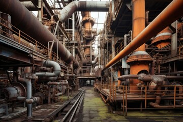 Piping of a large abandonned industrial factory Generative AI - obrazy, fototapety, plakaty