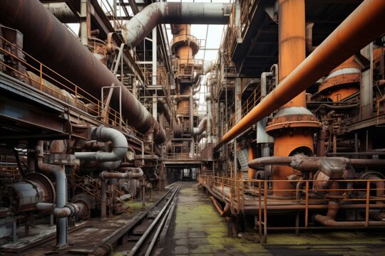 Piping of a large abandonned industrial factory Generative AI