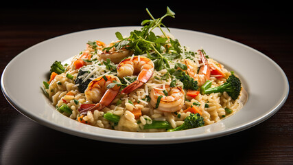 "Gourmet-Zauber: Zartes Risotto mit saftigen Garnelen, frischem Gem&uuml;se und einem Hauch von Wei&szlig;wein &ndash; Garnelen-Risotto, ein kulinarischer Hochgenuss!"