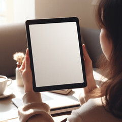 woman using digital tablet,with blank white desktop screen.Generative IA
