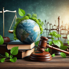 enviromental law. gavel and globe on white background.Generative IA