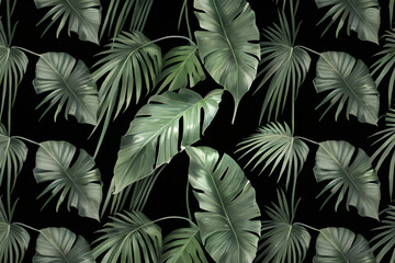 tropical leaves in black background,Generative IA