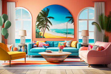 Colourful beach front sitting room with Seaview through two large arch windows large beachfront wall art above blue sofa Wicker style coffee table pink and yellow side chairs interior room design