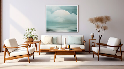 Natural wood finish sofa and two armchairs with white cushions against a pale grey wall coffee table and house plants large abstract landscape poster above sofa interior room design