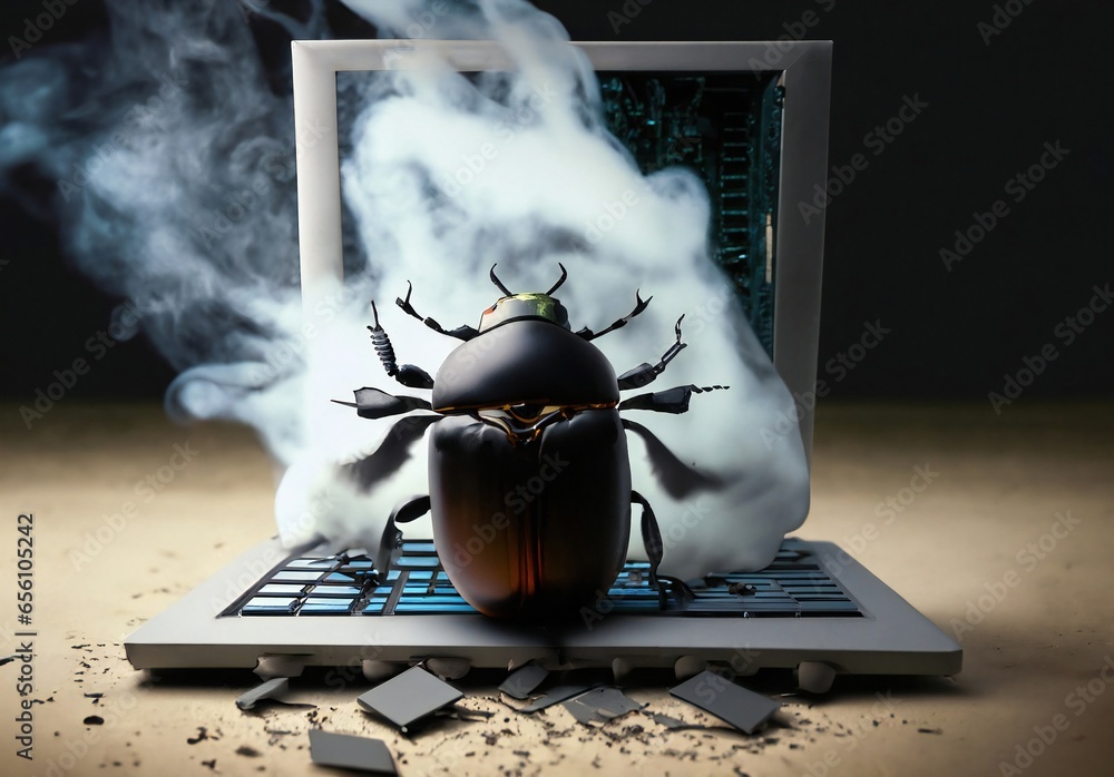 Poster beetle attacks and destroys electronics. concept of computer virus and malicious software code.