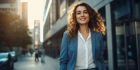 happy and smiling young woman, on the street, professional, corporate, business - obrazy, fototapety, plakaty