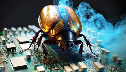 Beetle attacks and destroys electronics. Concept of computer virus and malicious software code. - obrazy, fototapety, plakaty
