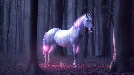A fantasy illustration of a horse in the woods with beautiful light. Generative AI. 
