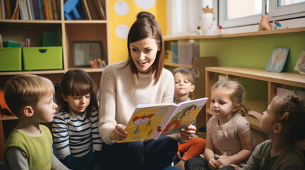 Generative AI, young beautiful woman kindergarten teacher reading a book to children, nanny, day care group, child, toddler, kids, primary school, children's room, Montessori, Reggio, pedagogy