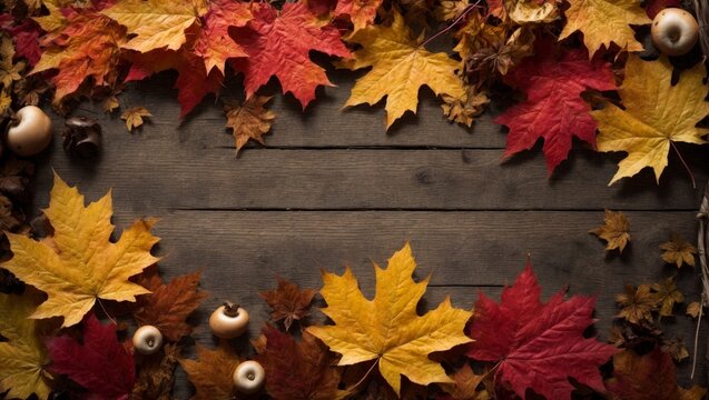 Commercial autumnal image with various shades of Canadian maple leaves on a wooden background with space for text.