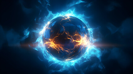 Blue electric sphere plasma ball lightning abstract background, with lightning in the dark. 3D rendering. - obrazy, fototapety, plakaty