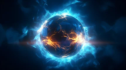 Foto op Aluminium Blue electric sphere plasma ball lightning abstract background, with lightning in the dark. 3D rendering. © Canities