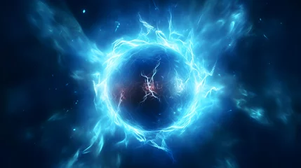 Tuinposter Blue electric sphere plasma ball lightning abstract background, with lightning in the dark. 3D rendering. © Canities