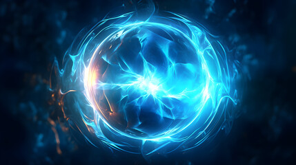 Blue electric sphere plasma ball lightning abstract background, with lightning in the dark. 3D rendering.