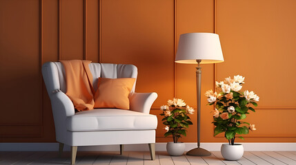 Contemporary interior design background. nterior of living room with orange  houseplants and sofa. Scandinavian living room..