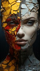 An artistic representation of a woman of two minds, torn between two things and having a hard time making a decision, with cracks and grunge. Generative AI. 