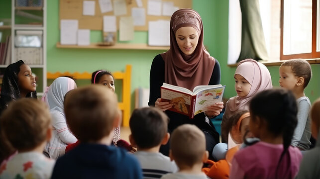 Generative AI, Young Beautiful Muslim Woman Kindergarten Teacher Reading A Book To Children, Nanny, Day Care Group, Child, Toddler, Kids, Primary School, Children's Room, Montessori, Reggio, Pedagogy