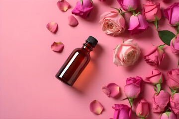 Bottle of essential oil and pink roses on color background with copyspace. Flat lay, top view, for product presentation, product display, for banner background