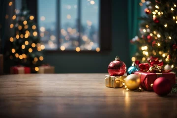 Tuinposter Empty wooden table for product presentation or announcements with christmas decoration and a christmas tree in the background. Generative AI. © 3DStock