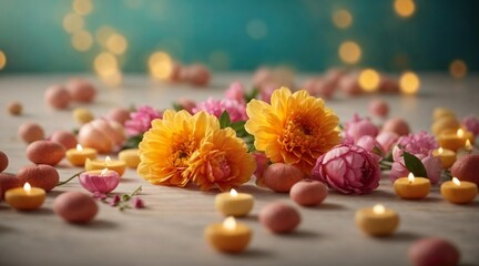 A background picture with colorful flowers and candles on a wooden table for wellness or cosmetic advertising. Generative AI.