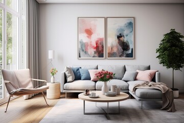 In a modern, bright apartment, the interior design showcases elegant, Scandinavian-inspired...