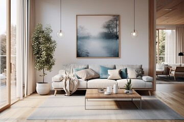 In a modern, bright apartment, the interior design showcases elegant, Scandinavian-inspired furniture. The white walls, wood accents, and abstract art create a comfortable, luxurious living space.