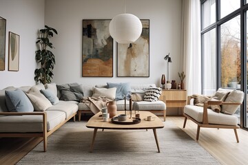 In a modern, bright apartment, the interior design showcases elegant, Scandinavian-inspired furniture. The white walls, wood accents, and abstract art create a comfortable, luxurious living space.