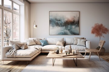 Fototapeta na wymiar In a modern, bright apartment, the interior design showcases elegant, Scandinavian-inspired furniture. The white walls, wood accents, and abstract art create a comfortable, luxurious living space.