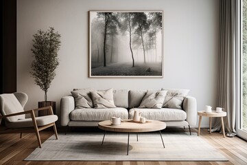 In a modern, bright apartment, the interior design showcases elegant, Scandinavian-inspired furniture. The white walls, wood accents, and abstract art create a comfortable, luxurious living space.
