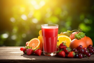 A refreshing glass of mixed fruit juice on a rustic wooden table, surrounded by the vibrant colors of freshly picked fruits in the warm summer sunlight