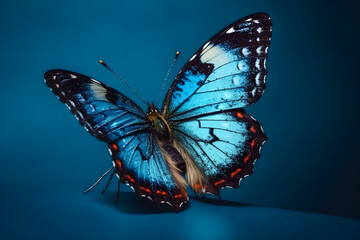 Close up of a butterfly on the blue blackground, macro lens photography