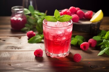 A refreshing glass of Raspberry Fizz cocktail, garnished with fresh raspberries and mint leaves, sitting on a rustic wooden table at an outdoor summer party - obrazy, fototapety, plakaty