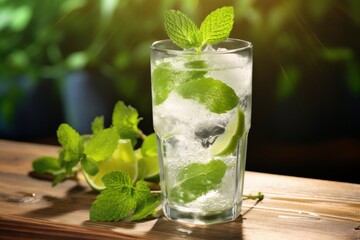 A Refreshing Glass of Mint Cooler, Perfectly Chilled and Served on a Rustic Wooden Table, with Fresh Mint Leaves and Ice Cubes in the Background