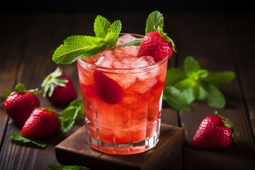 Close-up shot of a refreshing Strawberry Ginger Fizz cocktail, garnished with fresh strawberries and mint leaves on a rustic wooden table