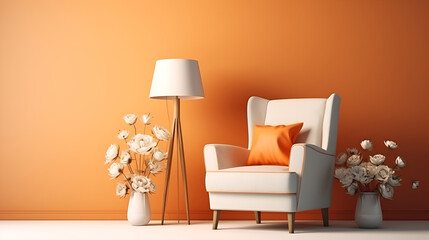 Contemporary Interior Design Background. nterior of living room with orange  houseplants and sofas. Scandinavian Living Room.
